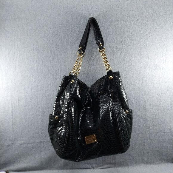 Michael Kors Black Faux Snakeskin Tote Bag With Gold Chain Handles - Picture 1 of 12